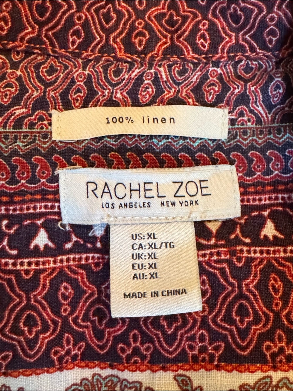 Rachel Zoe Short-Sleeve Linen Button-Down Shirt in Burgundy and Blush Pattern xl - Picture 5 of 5